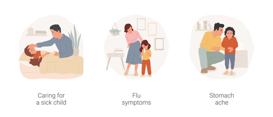 Fototapeta premium Childhood sickness isolated cartoon vector illustration set. Mother caring for sick child, flu symptoms, kid sneezing and coughing, stomach ache, child holds belly, food poisoning vector cartoon.