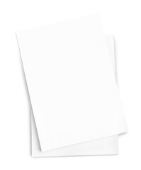 Stack of paper sheets on white background, top view
