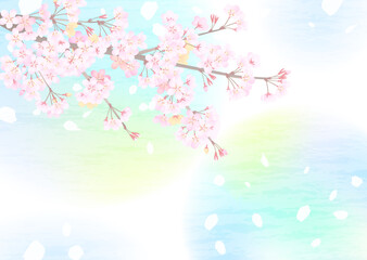 ふんわりと明るい空を見上げた、幻想的な桜の背景イラスト