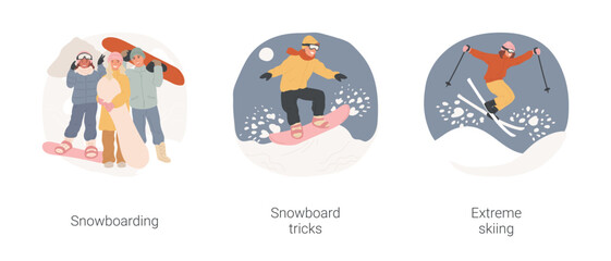 Fototapeta premium Winter extreme sports isolated cartoon vector illustration set. Snowboarding together, teenagers holding equipment, snowboard tricks, teenager enjoy skiing, making stunt vector cartoon.