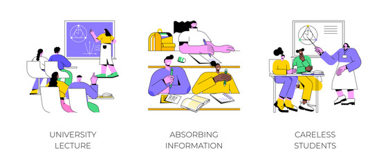 Acquire knowledge isolated cartoon vector illustrations set. University lecture, absorbing information and making notes, careless distracted students, educational process vector cartoon.