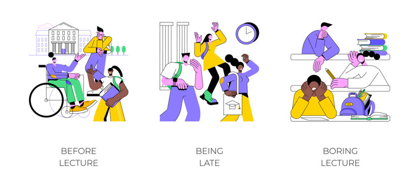 College lessons isolated cartoon vector illustrations set. Before lecture, student being late for the classes, boring lecture, educational process, student lifestyle vector cartoon.