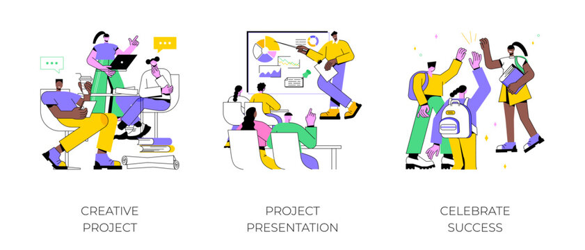 Students project isolated cartoon vector illustrations set. Creative project presentation, celebrating successful project defense, educational process, sharing idea, teamwork vector cartoon.