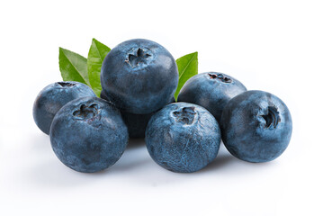 Blueberries with leaves on white background