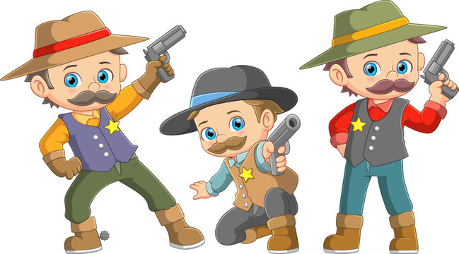 Three identical twin cowboys posing with gun