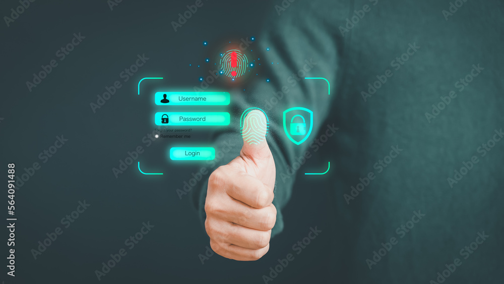 Poster Man login with fingerprint scanning technology. Security concepts and fingerprint password control in the technology of the future. Exclamation mark.
