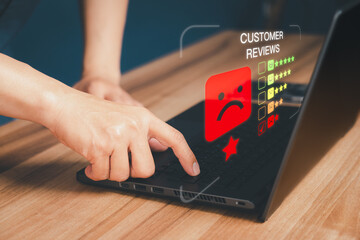 Unhappy man customer with sad emotion face on laptop. Bad review and service dislike poor quality,...