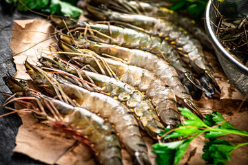 Raw shrimp on paper with spices and parsley. 