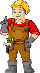 Fototapeta premium A man working as a construction worker is posing giving a thumbs up