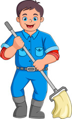 A young man works as a cleaning service with a floor cleaning tool