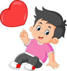 Cute boys are sitting and pointing at a red valentine heart