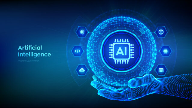 AI. Artificial Intelligence In The Shape Of Sphere With Hexagon Grid Pattern In Wireframe Hand. Machine Learning Concept. Big Data. Neural Networks. AI And Virtual Technology. Vector Illustration.