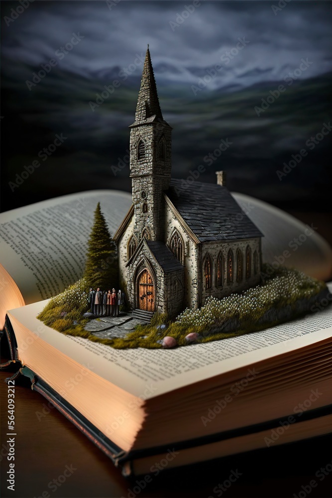 Sticker illustration of a miniature church with an open bible in the background. generative AI