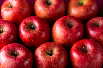 赤背景に沢山のりんご