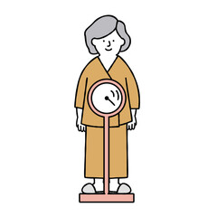 健康診断で体重計に乗る・体重を測る女性　イエロー