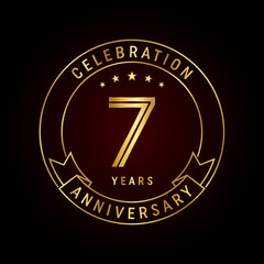 7th anniversary template design concept with golden ribbon for anniversary celebration event. Logo Vector Template