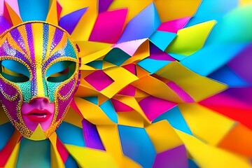 pink, yellow and green carnival mask theme, surrounded by colorful geometric elements. Generative Ai	