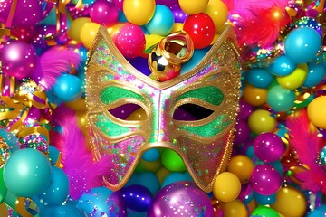 gold and green carnival mask, surrounded by colorful feathers, glitter, confetti, party theme, Generative Ai	