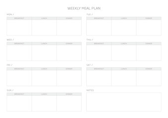 A weekly meal plan design template in a modern, simple, and minimalist style. Note, scheduler, diary, calendar, planner document template illustration.