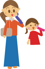 マイボトルで真夏の炎天下の中水分補給をしている親子のイラスト・猛暑・水筒・熱中症対策