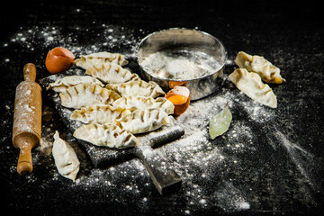 Raw dumplings gyoza on a cutting board with flour and rolling pin. 