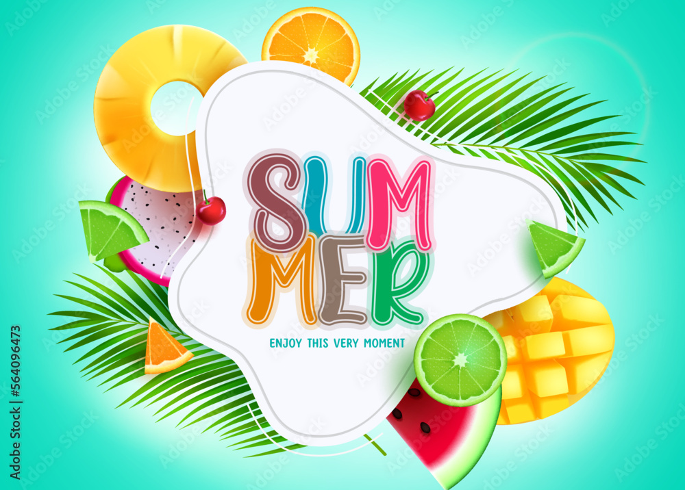 Poster summer vector template design. summer text with tropical season sliced fruit elements in empty space