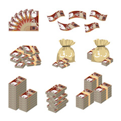 Qatari Rial Vector Illustratio. Huge packs of Qatar money set bundle banknotes. Bundle with cash bills. Deposit, wealth, accumulation and inheritance. Falling money 200 QAR