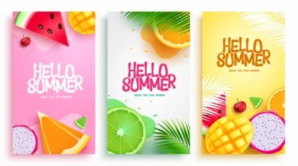 Fotobehang Summer set vector poster design. Hello summer text with tropical fruits lay out background. Vector illustration holiday season banner, flyers and ads collection.  © AmazeinDesign