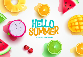 Summer vector design. Summer hello text with tropical fruits mango, lemon, orange and watermelon fresh elements. Vector Illustration holiday season background. 