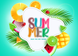 Summer vector template design. Summer text with tropical season sliced fruit elements in empty space. Vector illustration background banner. 
