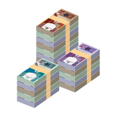 Qatari Rial Vector Illustration. Qatar money set bundle banknotes. Paper money 100, 200, 500 QAR. Flat style. Isolated on white background. Simple minimal design.