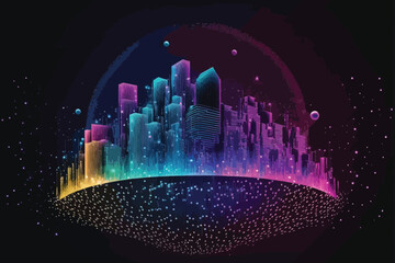 Abstract futuristic city background with particles and lights. Vector illustration.