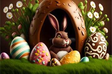 Wallpaper Illustration and background of easter bunny, with decorated chocolate eggs. Front view. Concept of Happy Easter. Generative AI