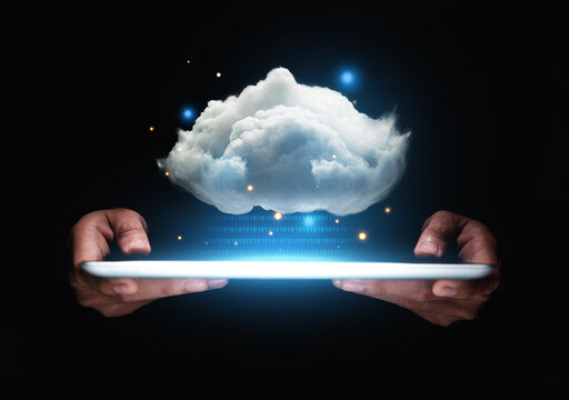 Hand of businessman showing cloud computing on tablet, Computer system resources and data storage, Cloud service technologies concept.