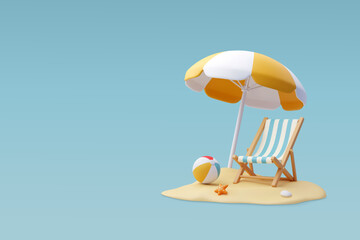 3d Vector Beach Chair, Yellow Umbrella and Ball, Summer holiday, Time to travel concept. - obrazy, fototapety, plakaty