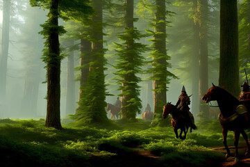 Realistic painting of Scottish or British medieval forest with approaching warrior horsemen, created with Generative AI technology
