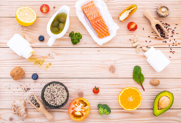 Ketogenic low carbs diet concept. Ingredients for the healthy foods selection on white background. Balanced healthy foods ingredients of unsaturated fats and fiber for the heart and blood vessels.