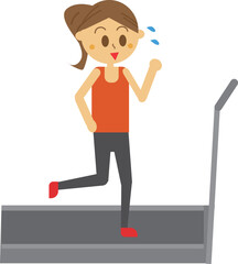ランニングマシンでトレーニングするダイエット中の女性のイラスト・ルームランナー・スポーツクラブ