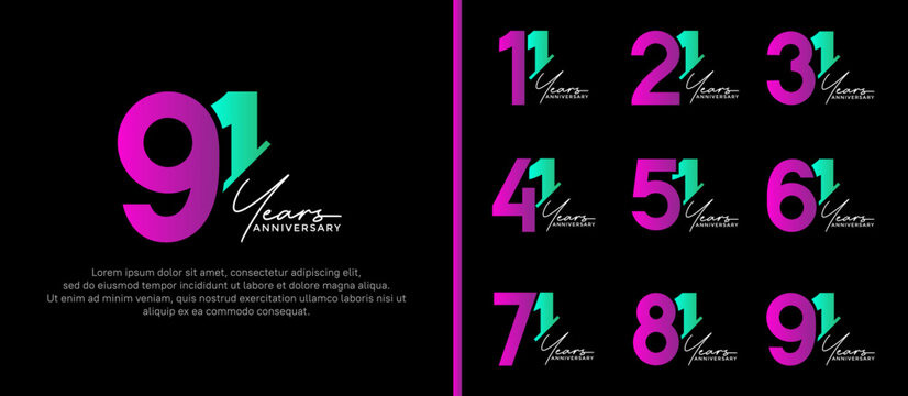 set of anniversary logo style purple and green color on black background for special moment
