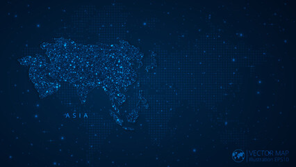 Obraz na płótnie Canvas Map of Asia Continent modern design with polygonal shapes on dark blue background. Business wireframe mesh spheres from flying debris. Blue structure style vector illustration concept