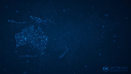 Fototapeta na wymiar Map of Australia Continent modern design with polygonal shapes on dark blue background. Business wireframe mesh spheres from flying debris. Blue structure style vector illustration concept