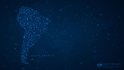 Fototapeta na wymiar Map of South America Continent modern design with polygonal shapes on dark blue background. Business wireframe mesh spheres from flying debris. Blue structure style vector illustration concept