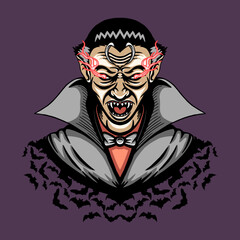Angry Vampire Surrounded by Bats Vector Illustration