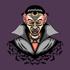 Angry Vampire Surrounded by Bats Vector Illustration