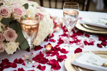 pink and red rose petals scattered over a square table draped with silky and wavy white silk. The table should have two half-full champagne glasses on it, adding a touch of luxury and elegance.