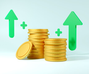 minimal coin stacks growing graph on blue background, business investment and saving money concept. 3d render illustration.