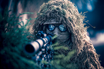 Sniper in a ghillie suit. Generative AI - obrazy, fototapety, plakaty