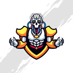 Cyberpunk Skull Robot Injected Cable wearing Clean Armor on Golden Shield