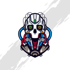 Cyberpunk Skull Robot with Blue and Red Injected Liquid and Cable