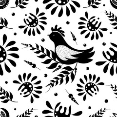 Obraz premium Cute seamless pattern, folk ornament, black and white. Abstract wild flowers, branches, berries, bird. Ukrainian style. Vector illustration for fabric, textile, wrapping, package, cover.